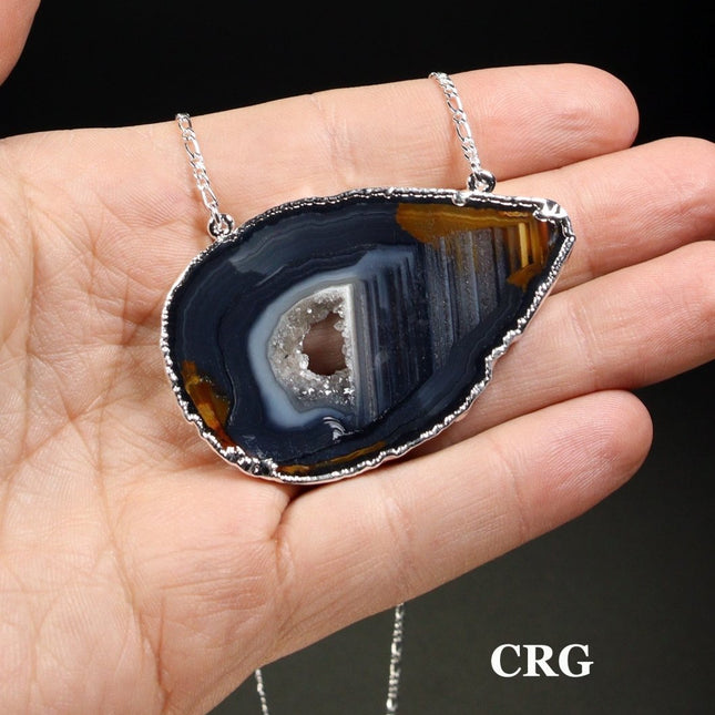 Black Agate Slice Necklace (16 Inches) (1 Pc) Large Silver-Plated Crystal Charm