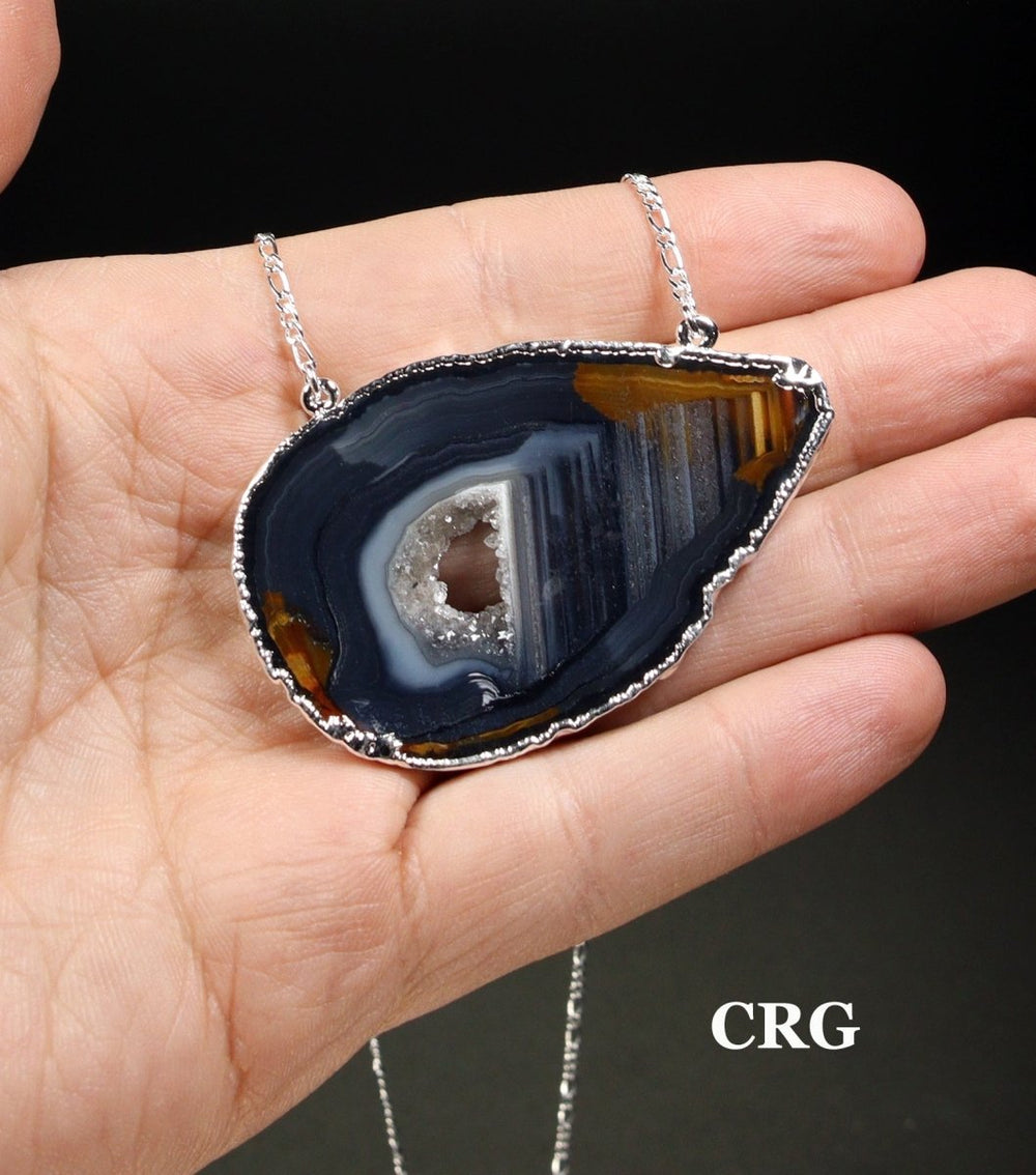 Black Agate Slice Necklace (16 Inches) (1 Pc) Large Silver-Plated Crystal Charm