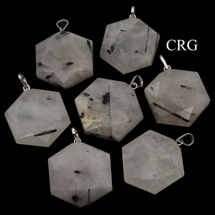 Black Rutile Faceted Hexagon Pendant with Silver Bail (1 in) Crystal Charm (4 pcs)Crystal River Gems