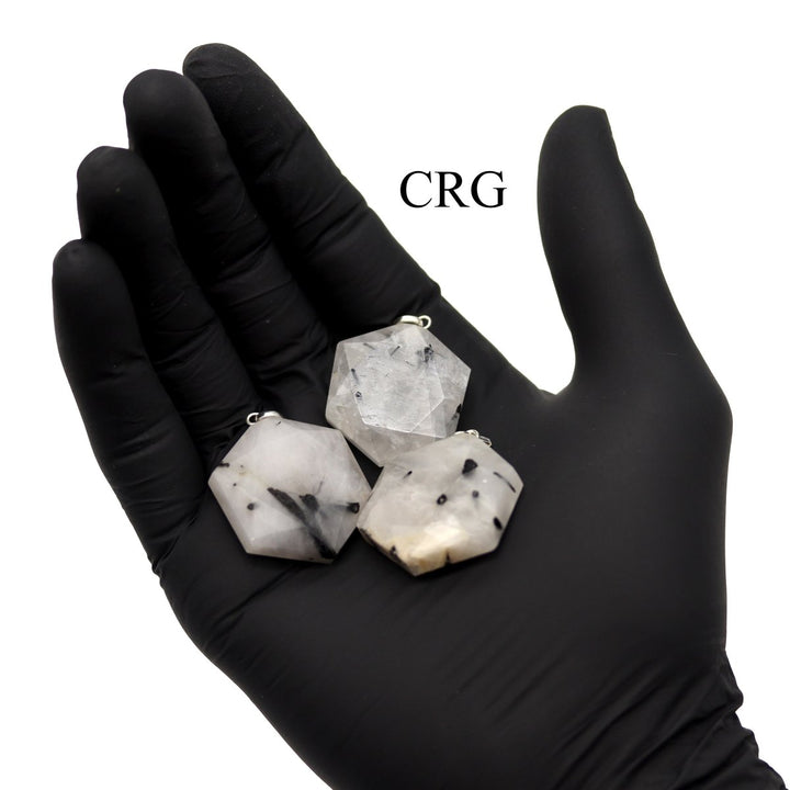 Black Rutile Faceted Hexagon Pendant with Silver Bail (1 in) Crystal Charm (4 pcs)Crystal River Gems