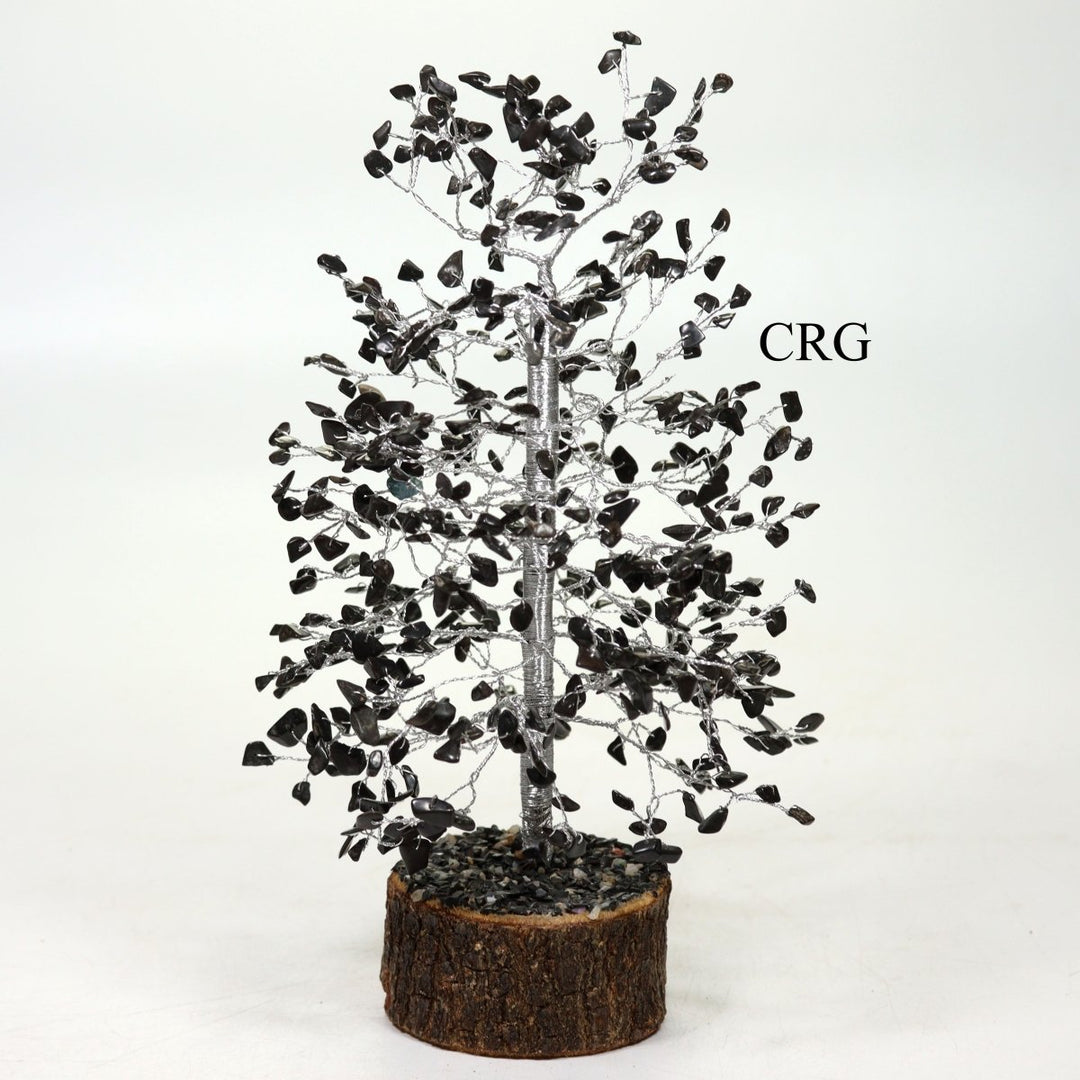 Black Tourmaline 500 Gemstone Chip Tree with Wood Base and Silver Wire (1 Piece) Size 12 to 13 Inches Crystal Decor