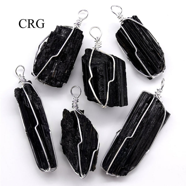 Black Tourmaline Pendant with Silver Wire Cage (1 Piece) Size 1.5 to 2 Inches Crystal Charm
