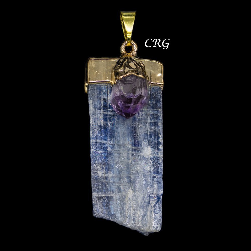 Blue Kyanite Blade Pendant with Small Amethyst and Gold Plating (4 Pieces) Size 1 to 2 Inches Crystal CharmCrystal River Gems