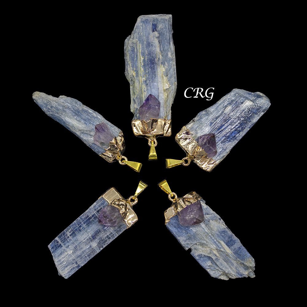Blue Kyanite Blade Pendant with Small Amethyst and Gold Plating (4 Pieces) Size 1 to 2 Inches Crystal CharmCrystal River Gems