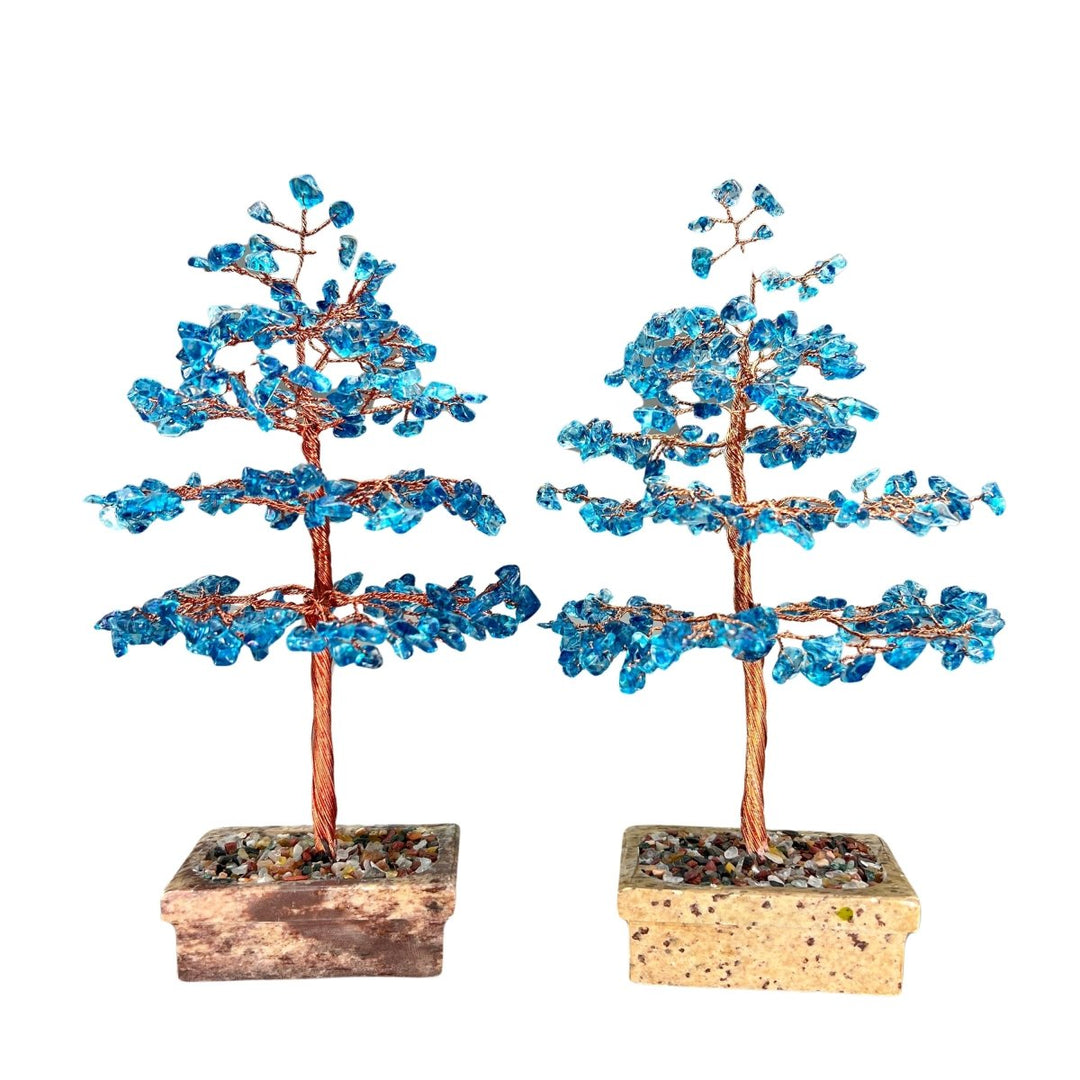 Blue Topaz Tiny Gemstone Tree Copper Wire On Soapstone Base (4 to 5 Inches) (Set Of 2) Crystal Chip Style Decorative DisplayCrystal River Gems