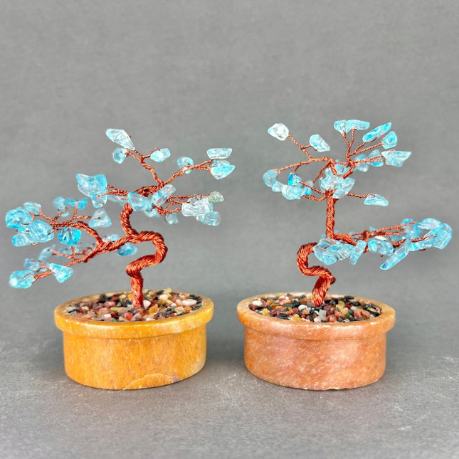 Blue Topaz Tiny Gemstone Tree Copper Wire On Soapstone Base (4 to 5 Inches) (Set Of 2) Crystal Chip Style Decorative Display