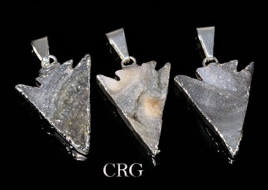 Chalcedony Agate Druzy Arrowhead Pendant with Silver Plating (1 Piece) Size 1 Inch Crystal Jewelry CharmCrystal River Gems