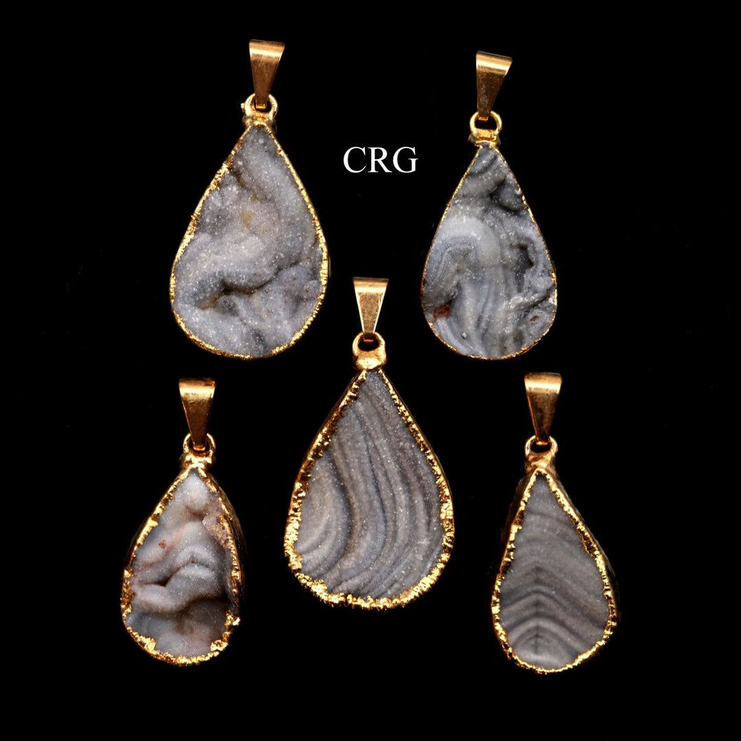 Chalcedony Agate Druzy Teardrop Pendant with Gold Plating (1 Piece) Size 1 Inch Crystal Jewelry CharmCrystal River Gems