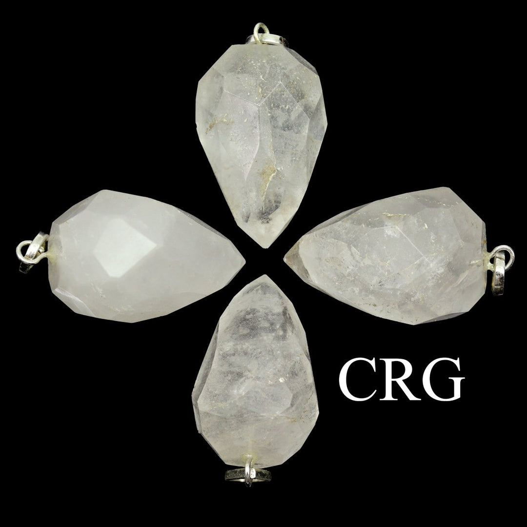 Clear Quartz Drop Pendant with Silver Bail (4 Pieces) Size 1 Inch Faceted Crystal Jewelry Charm