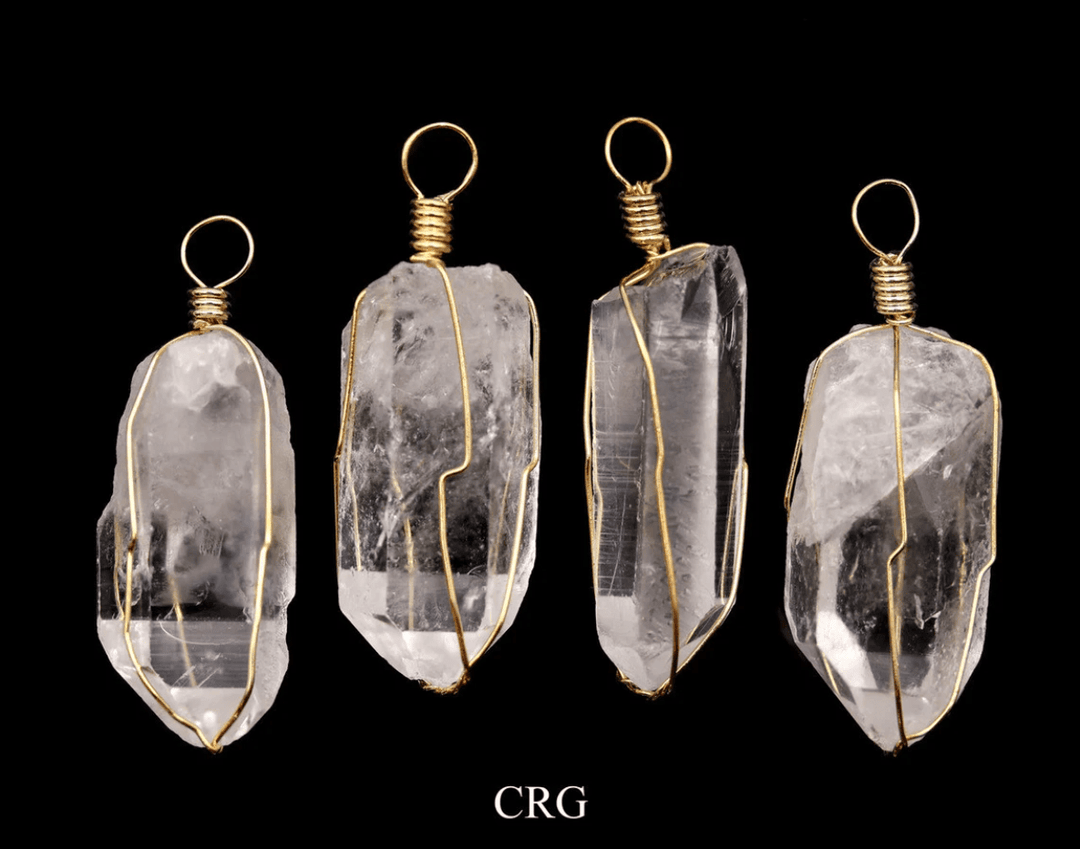 Crystal Quartz Point Pendant with Gold Wire Cage (4 Pieces) Size 1 to 2 Inches Clear Crystal Charm