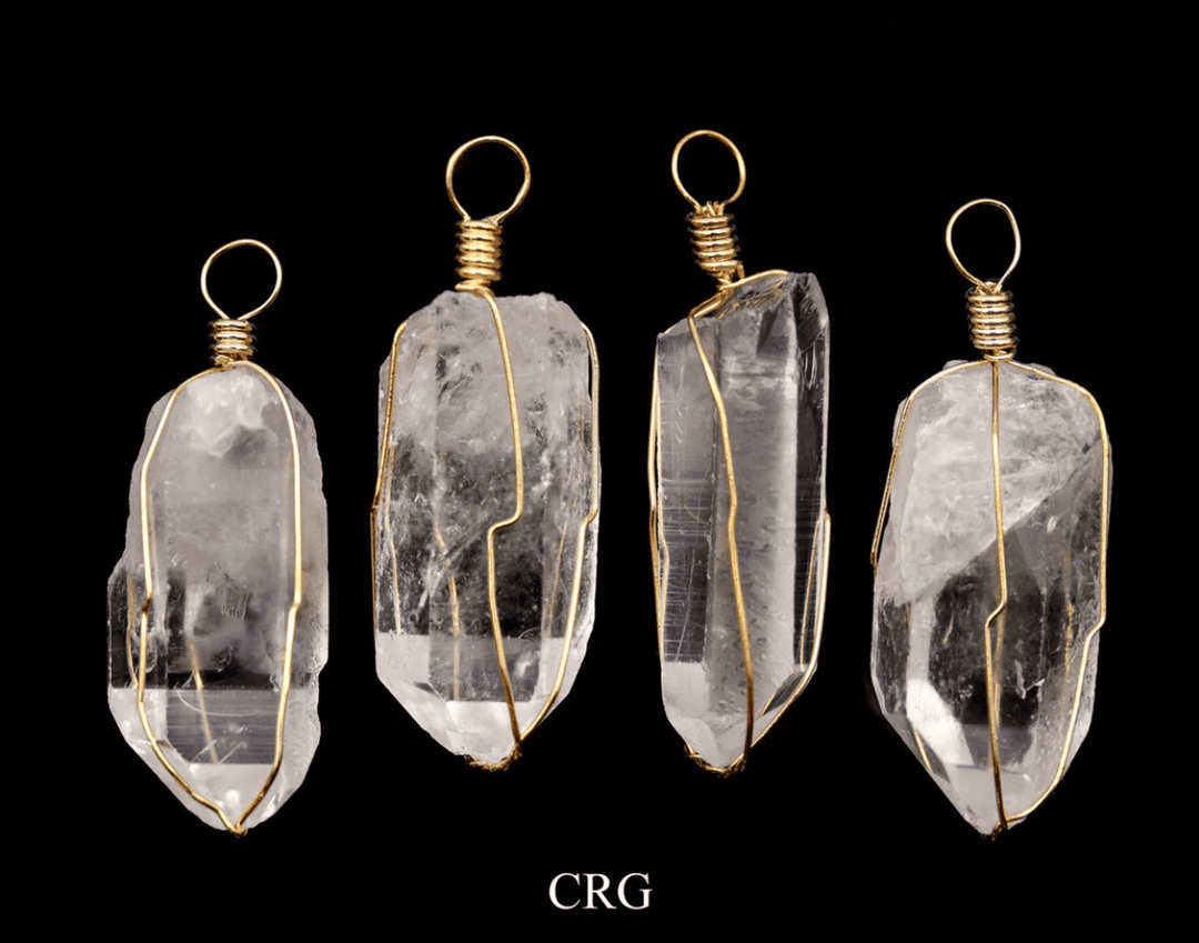 Crystal Quartz Point Pendant with Gold Wire Cage (4 Pieces) Size 1 to 2 Inches Clear Crystal CharmCrystal River Gems
