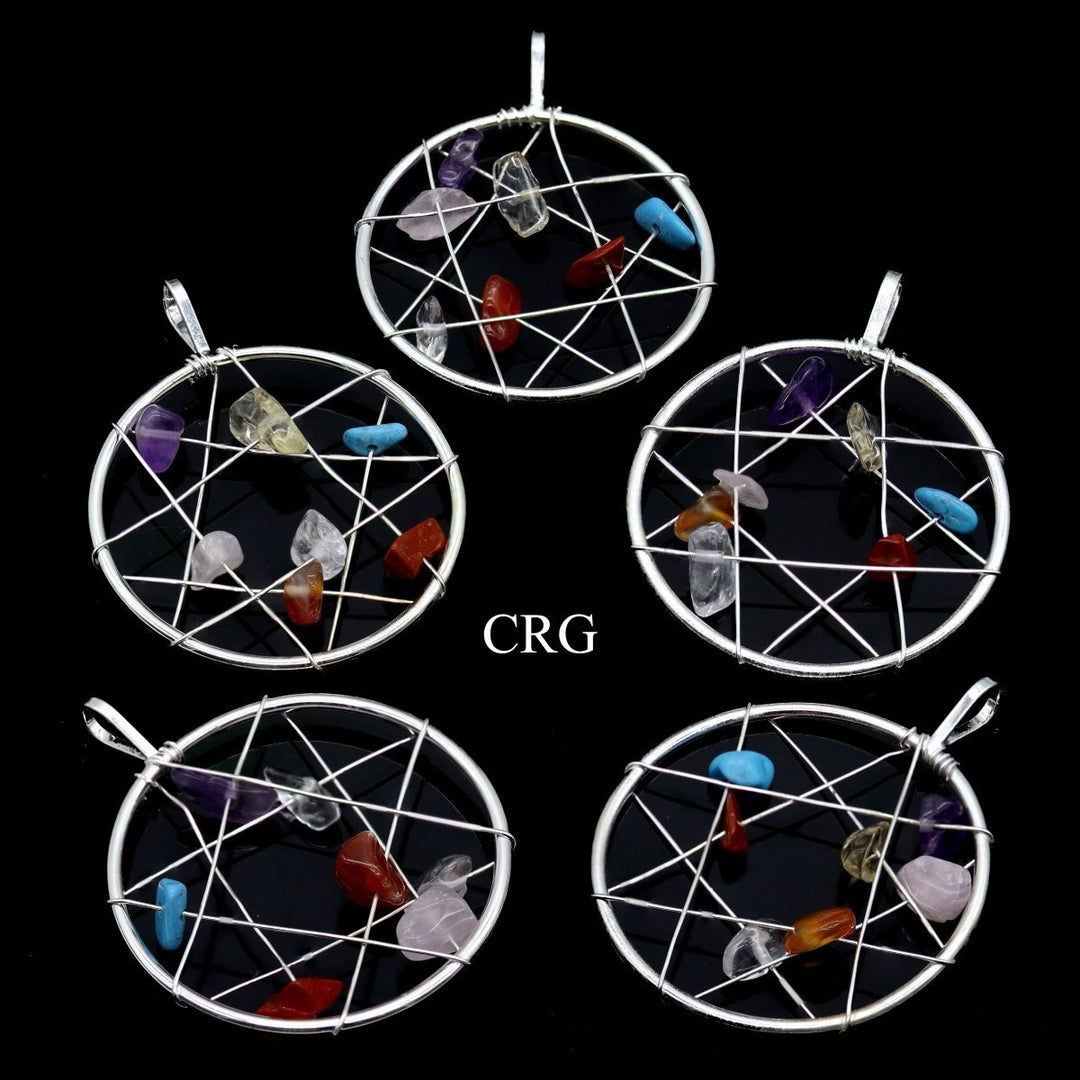Dream Catcher Pendant (1-2 Inches) (4 Pcs) Silver-Plated Charm with Gemstone Chips