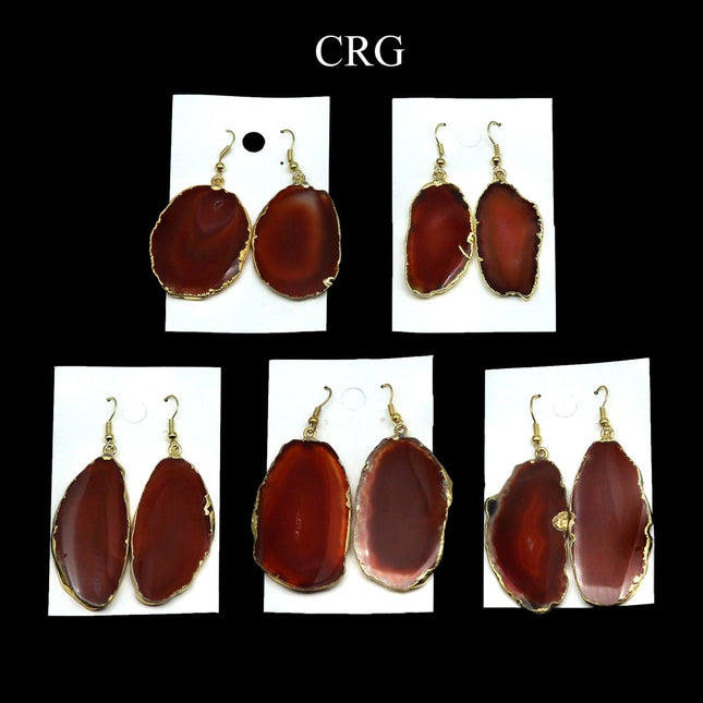 Gold Plated Amber Red Agate Slice Earrings - 1 Pair