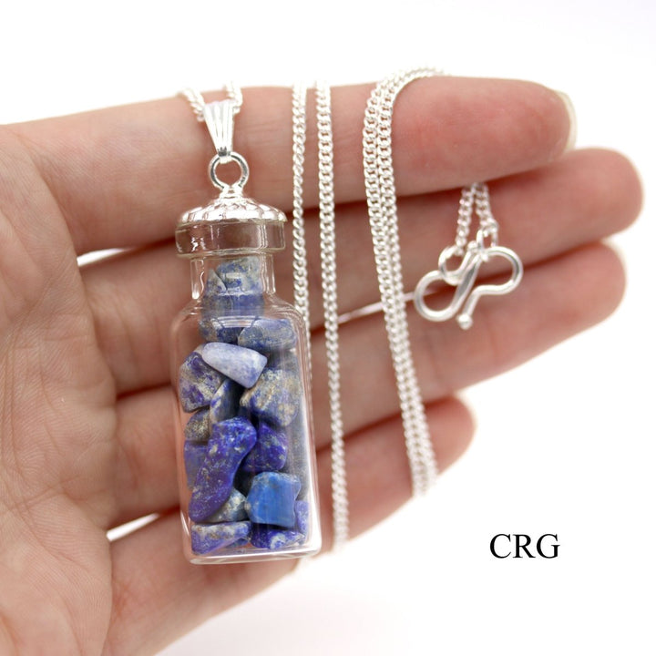 Lapis Lazuli Bottle Pendant (1 - 2 Inches) (1 Pc) Silver - Plated Charm with Gemstone ChipsCrystal River Gems