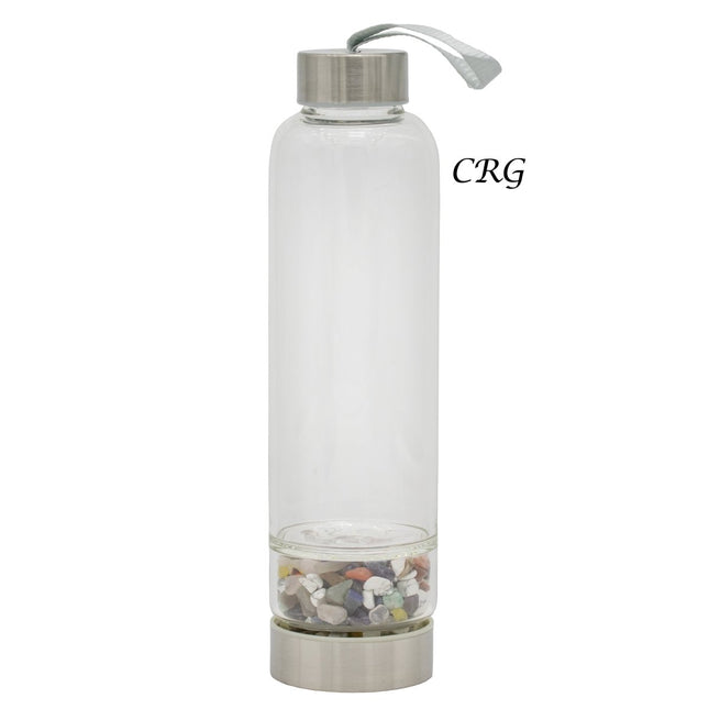 Mixed Gemstone Metal Glass Water Bottle (1 Piece) Size 12 Inches with Black Protective Sleeve