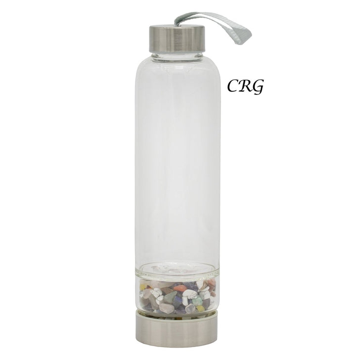 Mixed Gemstone Metal Glass Water Bottle (1 Piece) Size 12 Inches with Black Protective SleeveCrystal River Gems