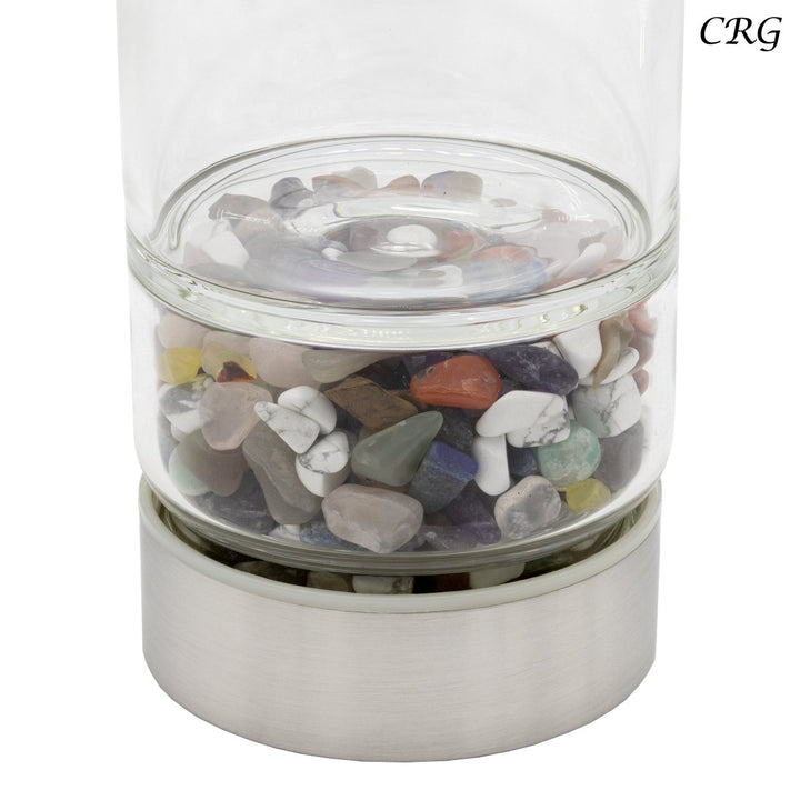Mixed Gemstone Metal Glass Water Bottle (1 Piece) Size 12 Inches with Black Protective SleeveCrystal River Gems