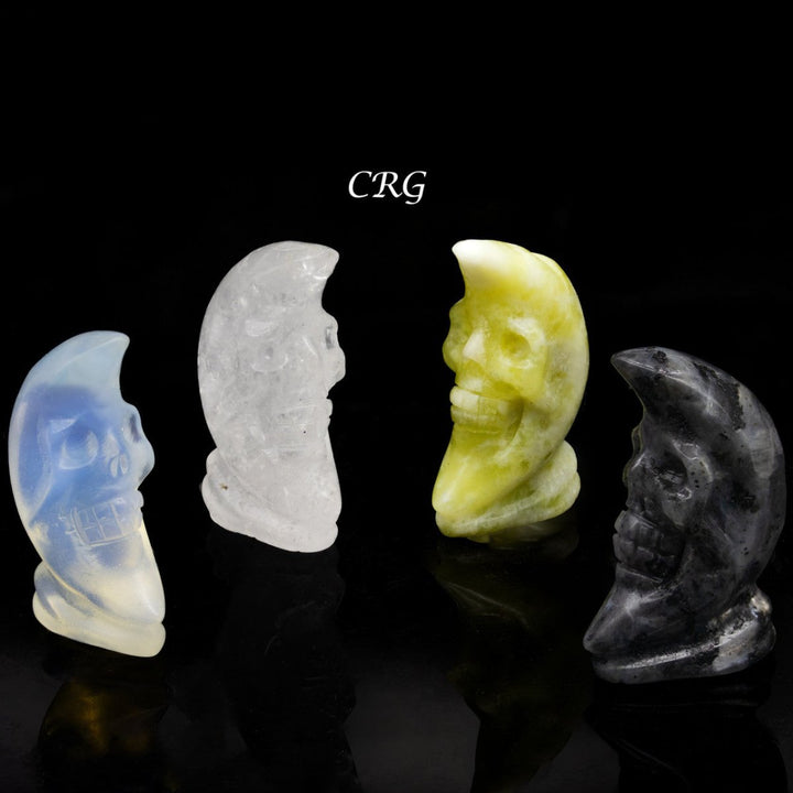 Moon with Skull Face Carving (4 Pieces) Size 4 cm Assorted Standing Crescent Moon FaceCrystal River Gems