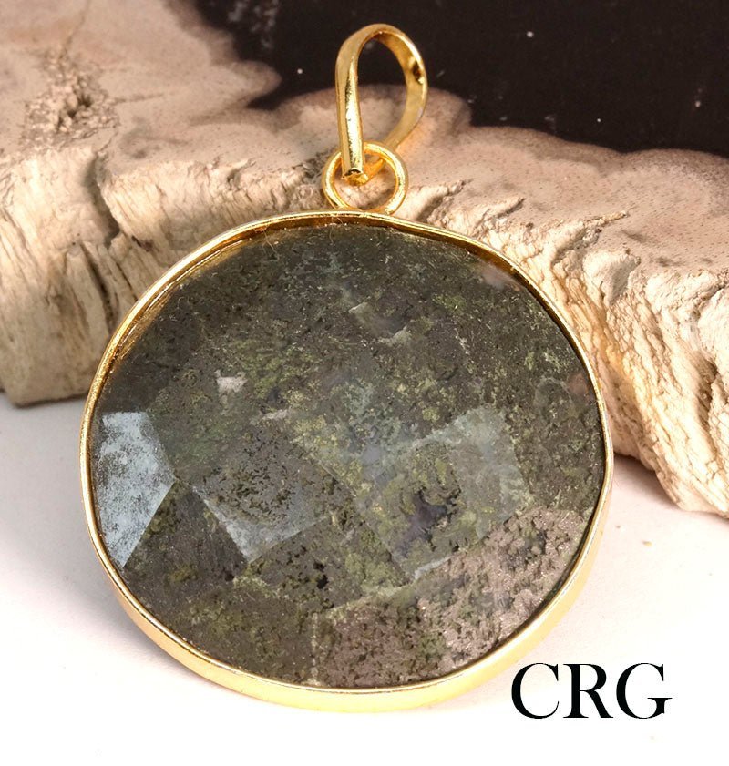 Moss Agate Circle Pendant with Gold Plating (1 Piece) Size 1.5 Inches Faceted Crystal Jewelry Charm