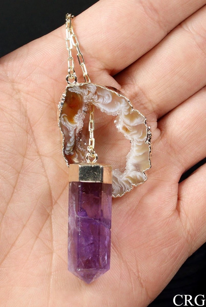 Oco Geode Necklace with Amethyst Point and Gold Plating (1 Piece) Size 24 Inches Crystal JewelryCrystal River Gems