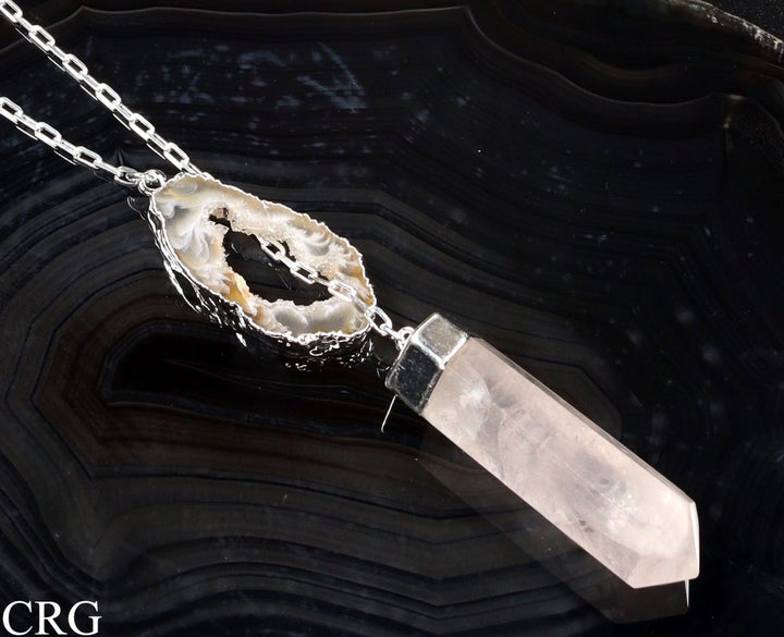 Oco Geode Necklace with Rose Quartz Point and Silver Plating (1 Piece) Size 24 Inches Crystal Jewelry CharmCrystal River Gems