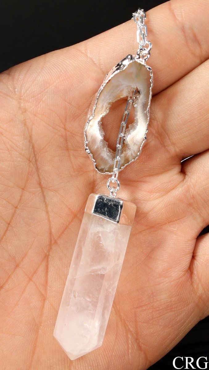 Oco Geode Necklace with Rose Quartz Point and Silver Plating (1 Piece) Size 24 Inches Crystal Jewelry Charm