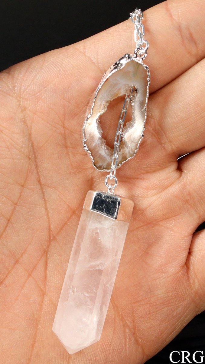Oco Geode Necklace with Rose Quartz Point and Silver Plating (1 Piece) Size 24 Inches Crystal Jewelry CharmCrystal River Gems