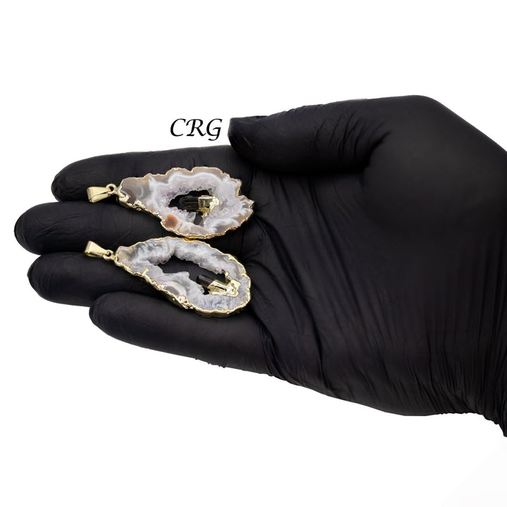 Oco Geode Slice Pendant with Black Tourmaline Rod and Gold Plating (4 Pieces) Size 1 to 2 Inches Crystal Jewelry CharmCrystal River Gems