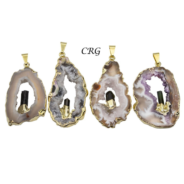 Oco Geode Slice Pendant with Black Tourmaline Rod and Gold Plating (4 Pieces) Size 1 to 2 Inches Crystal Jewelry CharmCrystal River Gems