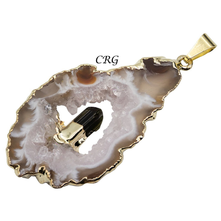Oco Geode Slice Pendant with Black Tourmaline Rod and Gold Plating (4 Pieces) Size 1 to 2 Inches Crystal Jewelry CharmCrystal River Gems
