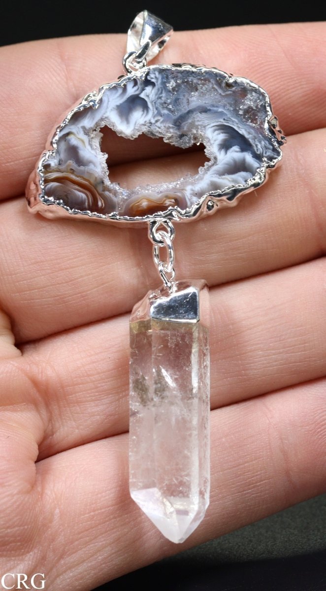 Oco Geode Slice Pendant with Crystal Quartz Point (3.5 Inches) (1 Pc) Silver - Plated Clear Gemstone Jewelry CharmCrystal River Gems