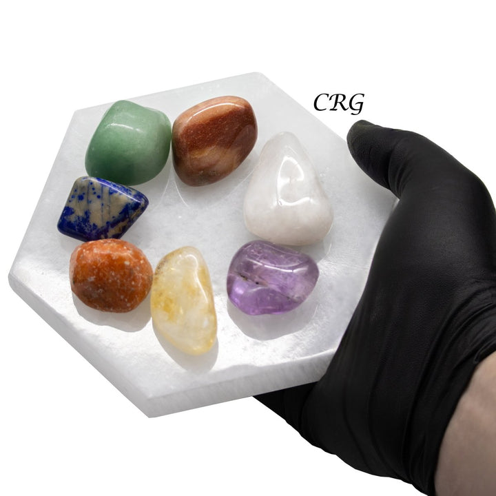 7 Stone Tumbled Set with Selenite Hexagon Plate (1 Piece)Crystal River Gems