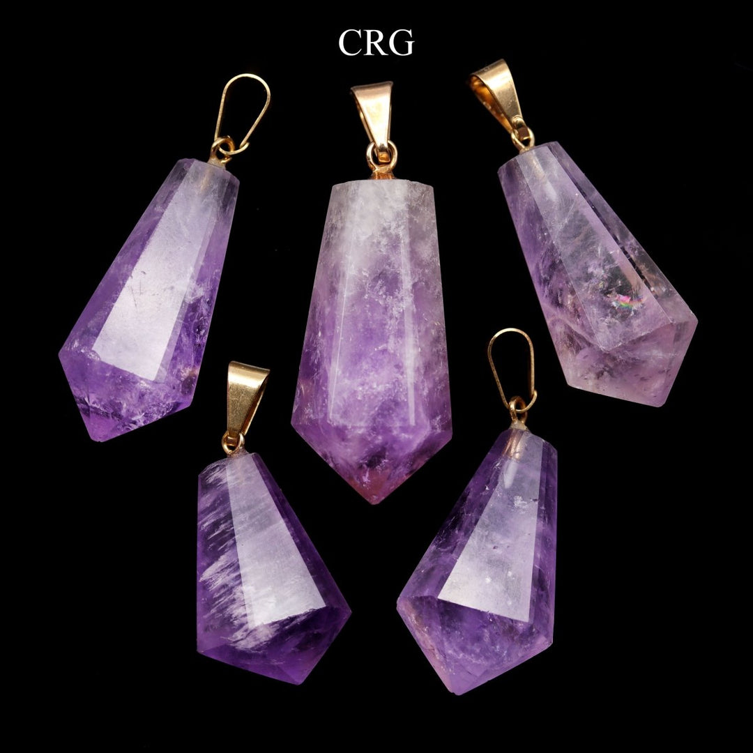 QTY 1 - Amethyst Faceted Hexagon Point Pendant w/ Gold Plated BailCrystal River Gems