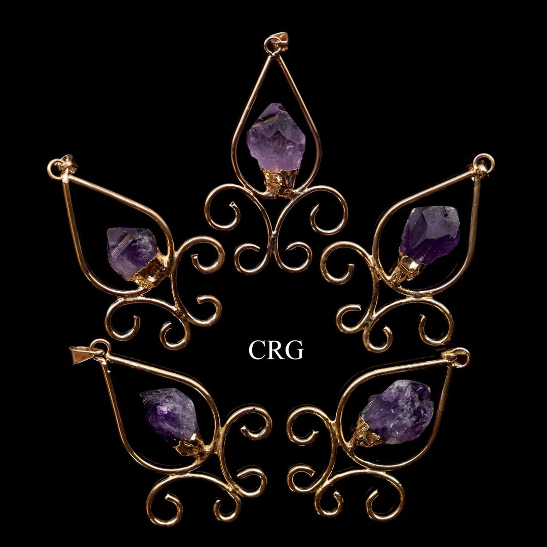 QTY 1 - Amethyst Fleur De Lis Point Pendant w/ Gold PlatingCrystal River Gems