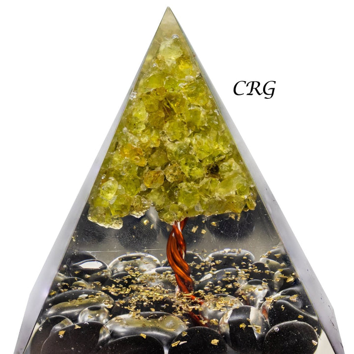 QTY 1 - Black Obsidian Orgonite Pyramid with Peridot TreeCrystal River Gems