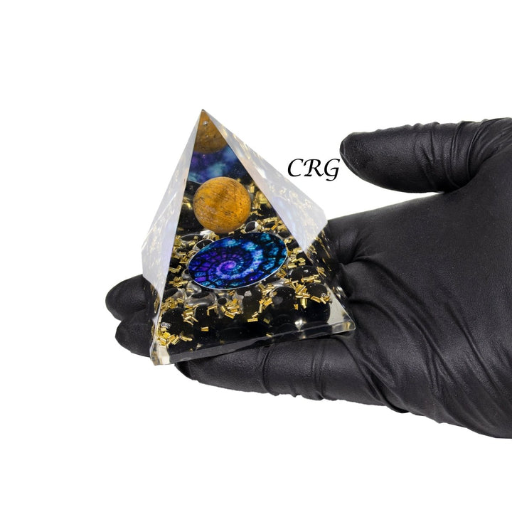 QTY 1 - Black Obsidian Orgonite Pyramid with Tiger's Eye Sphere / 3 - 4" AVGCrystal River Gems