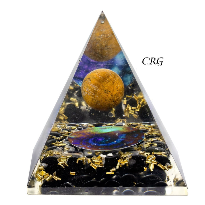 QTY 1 - Black Obsidian Orgonite Pyramid with Tiger's Eye Sphere / 3 - 4" AVGCrystal River Gems