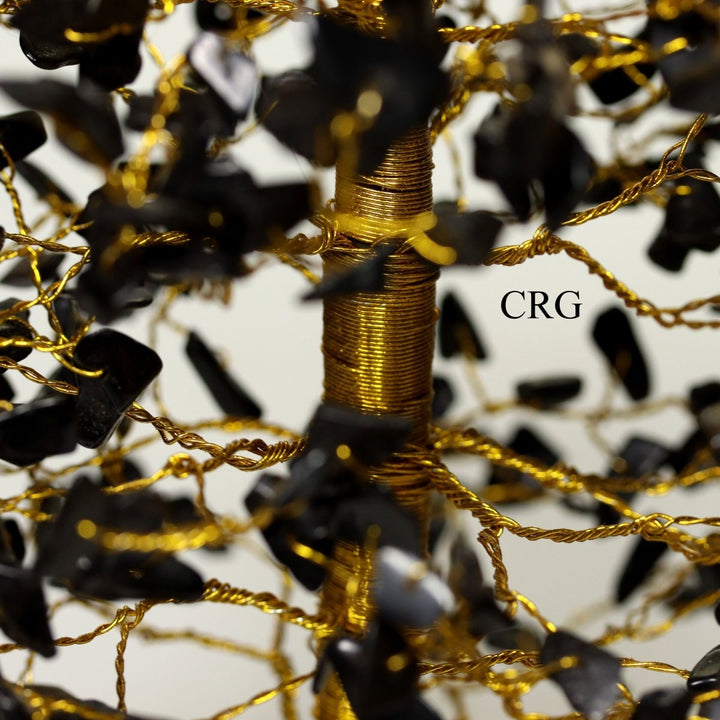 QTY 1 - Black Tourmaline 500 Gem Tree with Wood Base and Gold Wire / 12 - 13" AVGCrystal River Gems