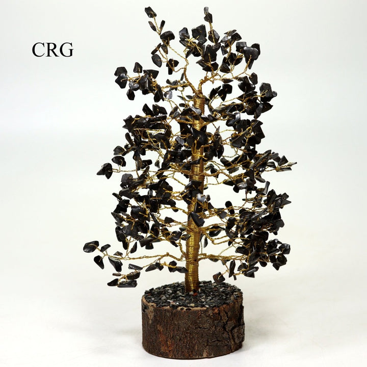 QTY 1 - Black Tourmaline 500 Gem Tree with Wood Base and Gold Wire / 12 - 13" AVGCrystal River Gems