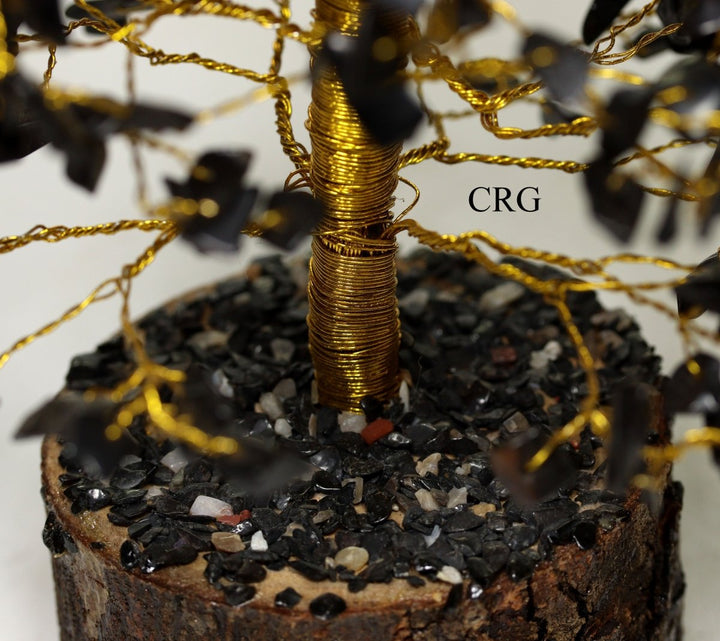 QTY 1 - Black Tourmaline 500 Gem Tree with Wood Base and Gold Wire / 12 - 13" AVGCrystal River Gems
