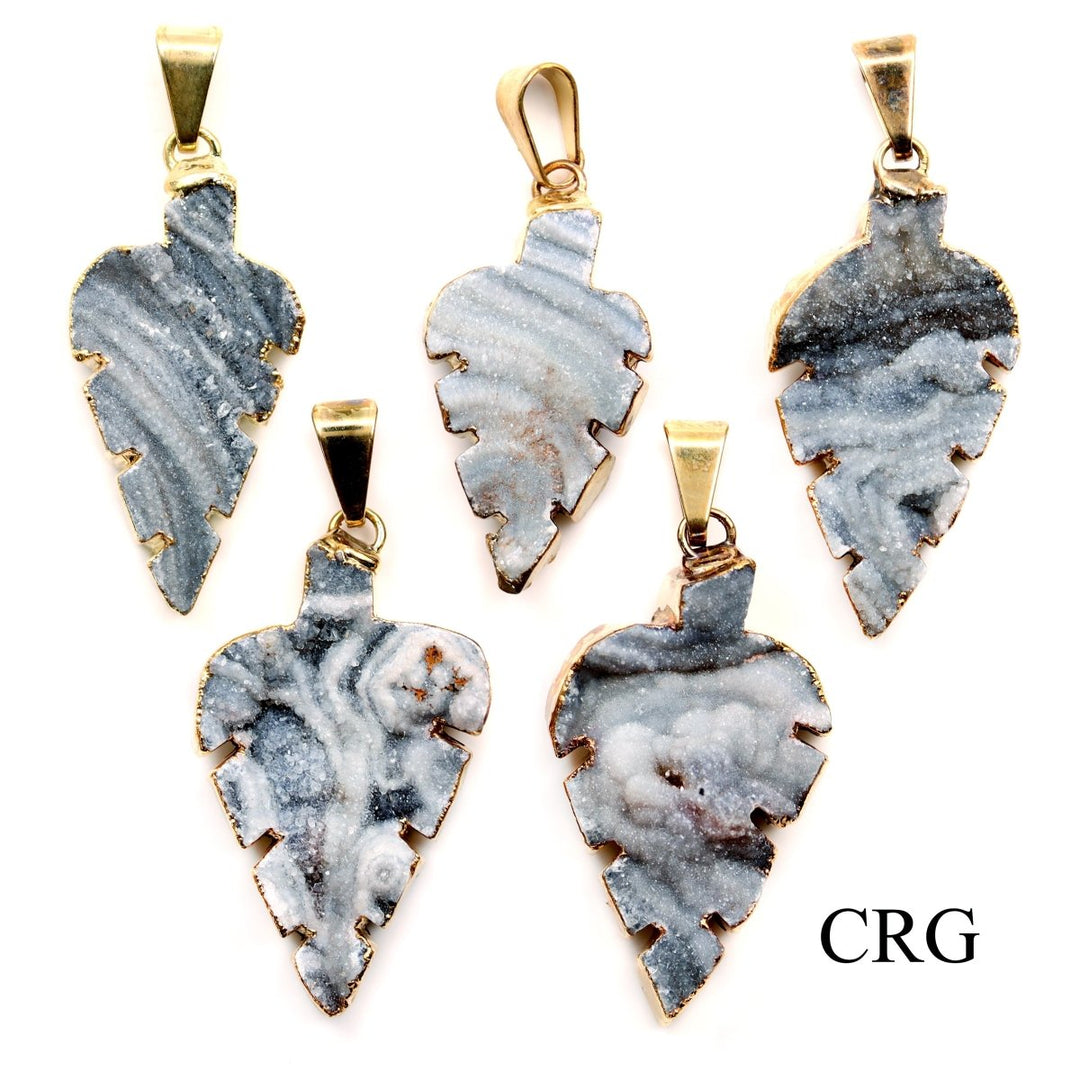QTY 1 - Chalcedony Agate Druzy Leaf Pendant / Gold PlatedCrystal River Gems