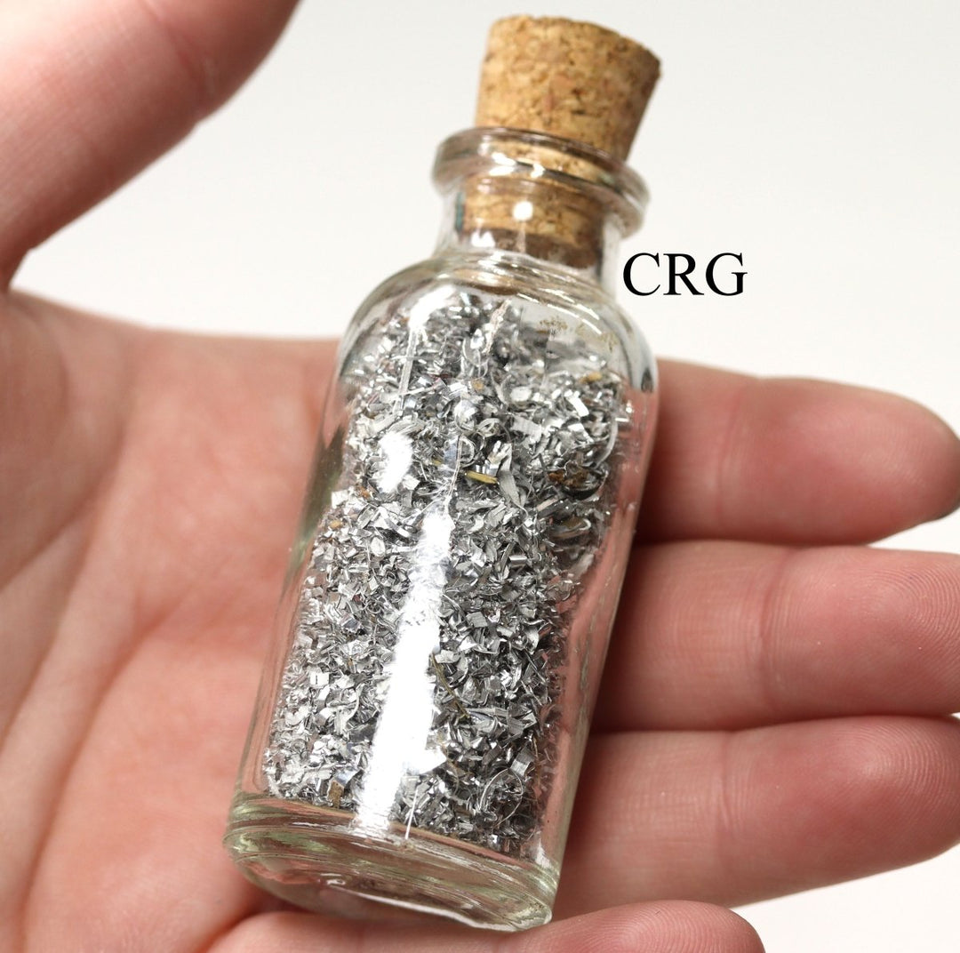 QTY 1 - Dry Silver Flakes in Bottle / 3"Crystal River Gems