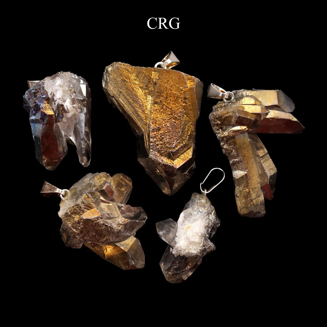 QTY 1 - Gold Titanium Aura Quartz Crystal Cluster Pendant w/ Silver BailCrystal River Gems