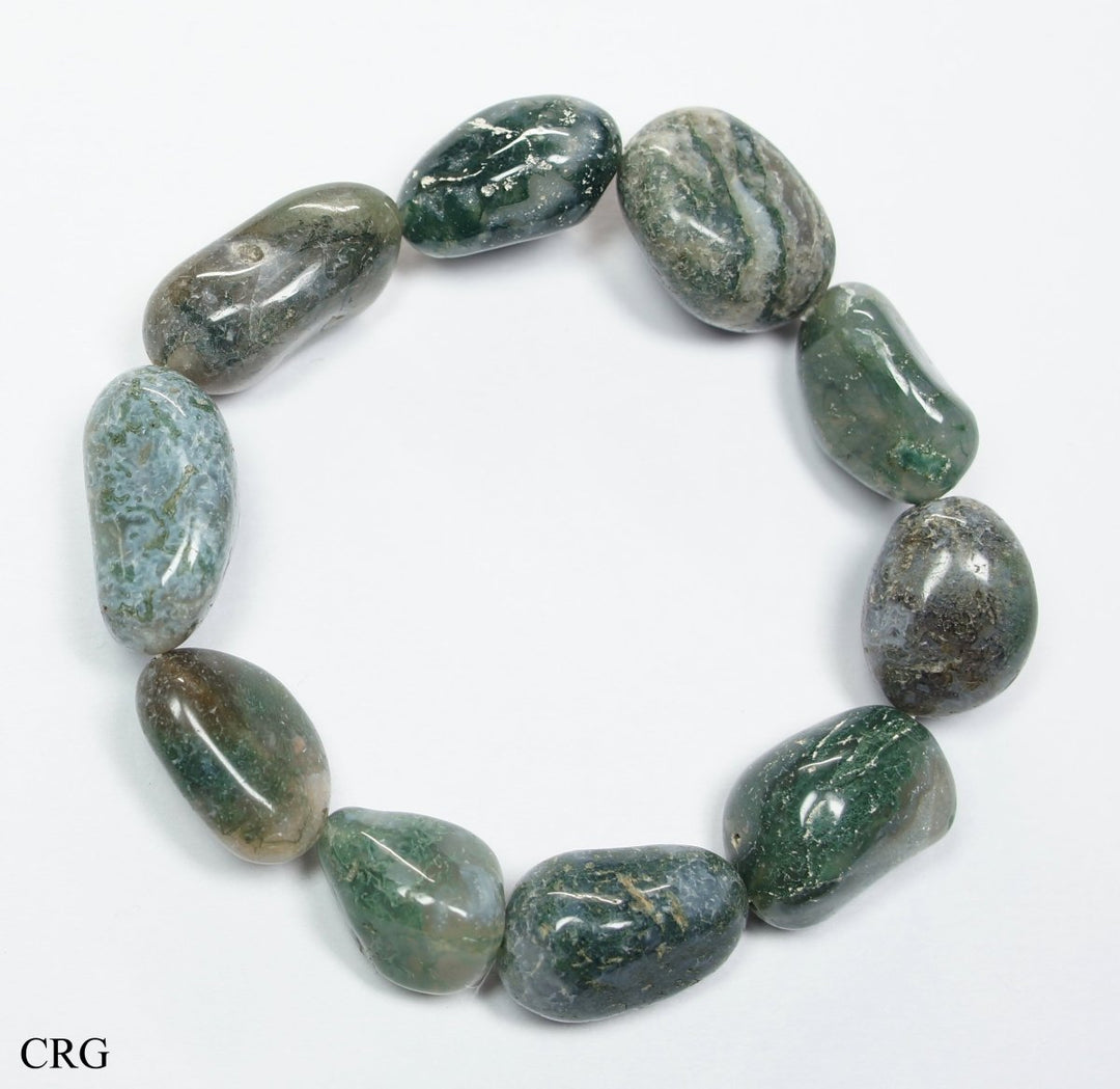 QTY 1 - Moss Agate Tumbled Bead Stretch Bracelet / 10 - 15mm AVGCrystal River Gems