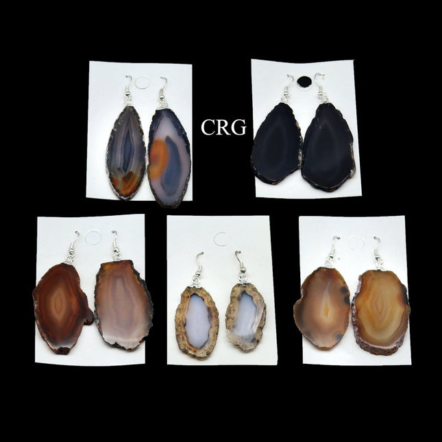 QTY 1 - Natural Agate Slice Earrings with Silver Plated Ear Wire / 1-2" AVG