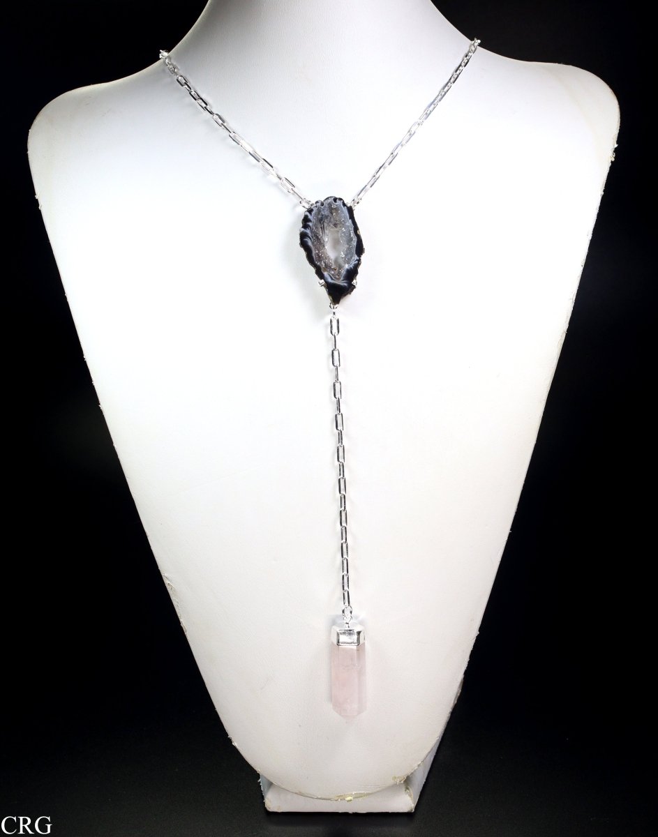 QTY 1 - Oco Geode Y - Chain Necklace with Rose Quartz Point and Silver Plating / 24"Crystal River Gems