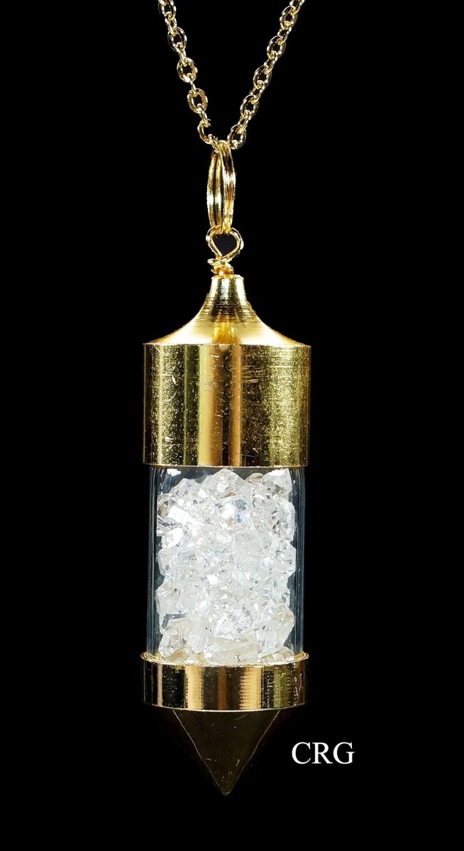 Herkimer - Like Diamonds in Bottle Pendant with Gold Plating and 18 Inch Necklace (2 Pieces) Size 2 Inches Crystal Jewelry CharmCrystal River Gems