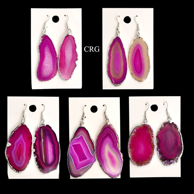 QTY 1 - Pink Agate Slice Earrings with Silver Plating / 1-2" AVG