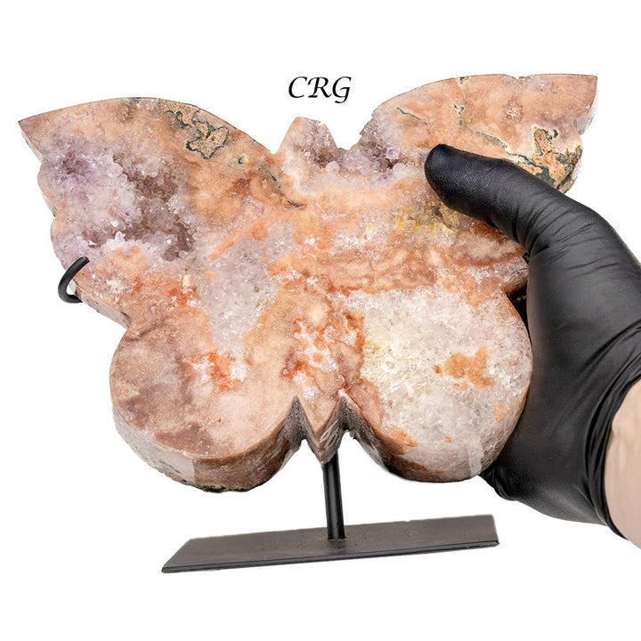 QTY 1 - Pink Amethyst Butterfly Carving on Metal StandCrystal River Gems