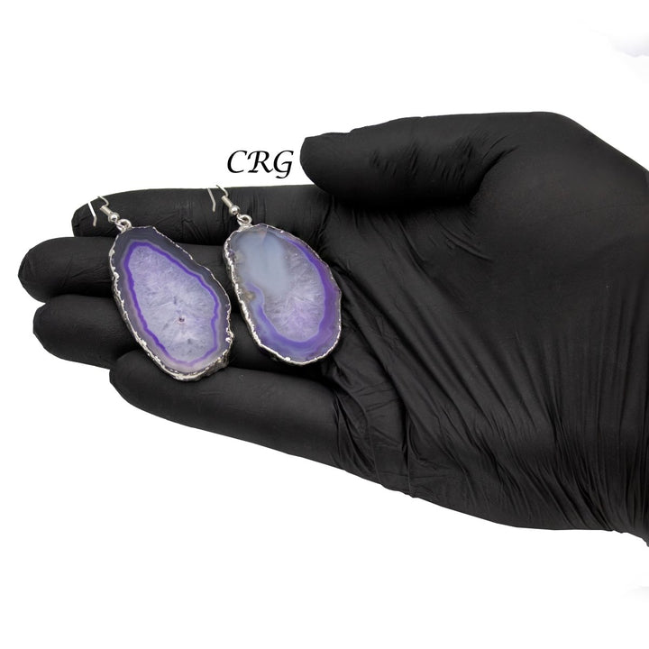 QTY 1 - Purple Agate Slice Earrings with Silver Plated Ear Wire / 1-2" AVG